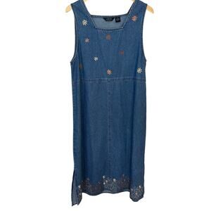 Vintage Denim Maxi Dress Modest Floral Embroidered Sleeveless Pullover‎ Size PL